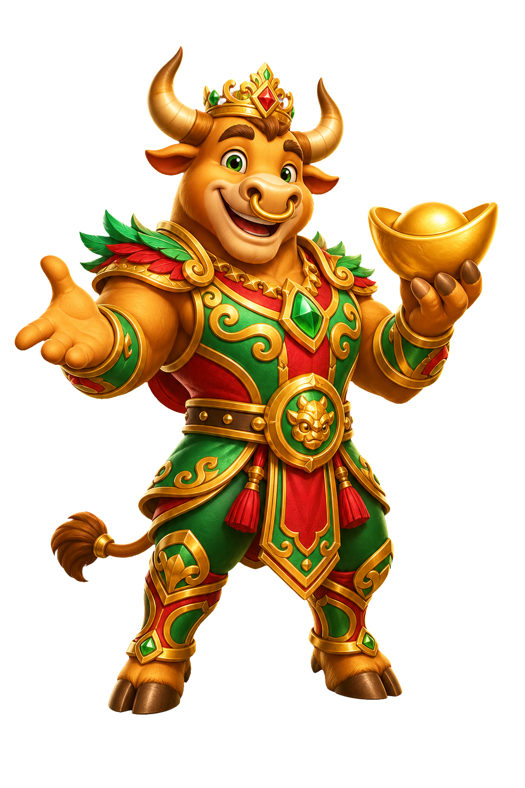 Mascote boi da fortuna com lingote de ouro