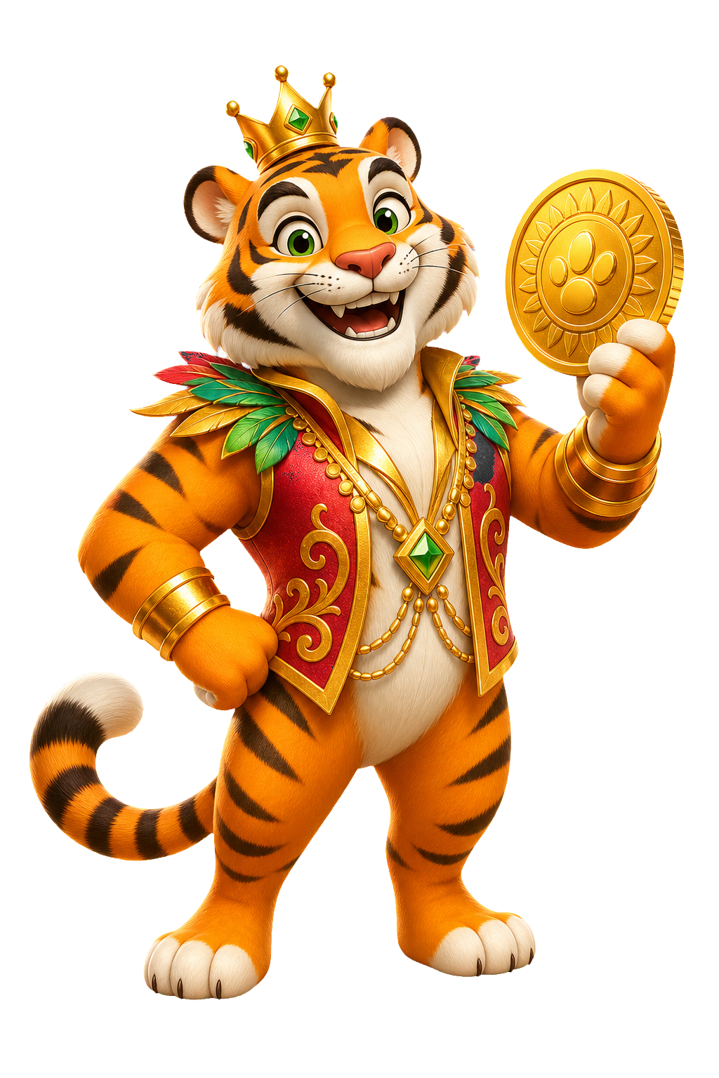 Mascote tigre da sorte com moeda de ouro